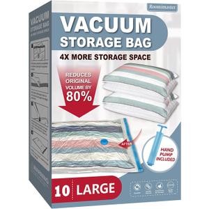 Roomimaster Vacuum Storage Bags, Vacuum Seal Space Saver Bags for Clothing, Travel Lugggage, Carryon, Blankets, Pillow, Comforters, Bedding, 10 Jumbo
