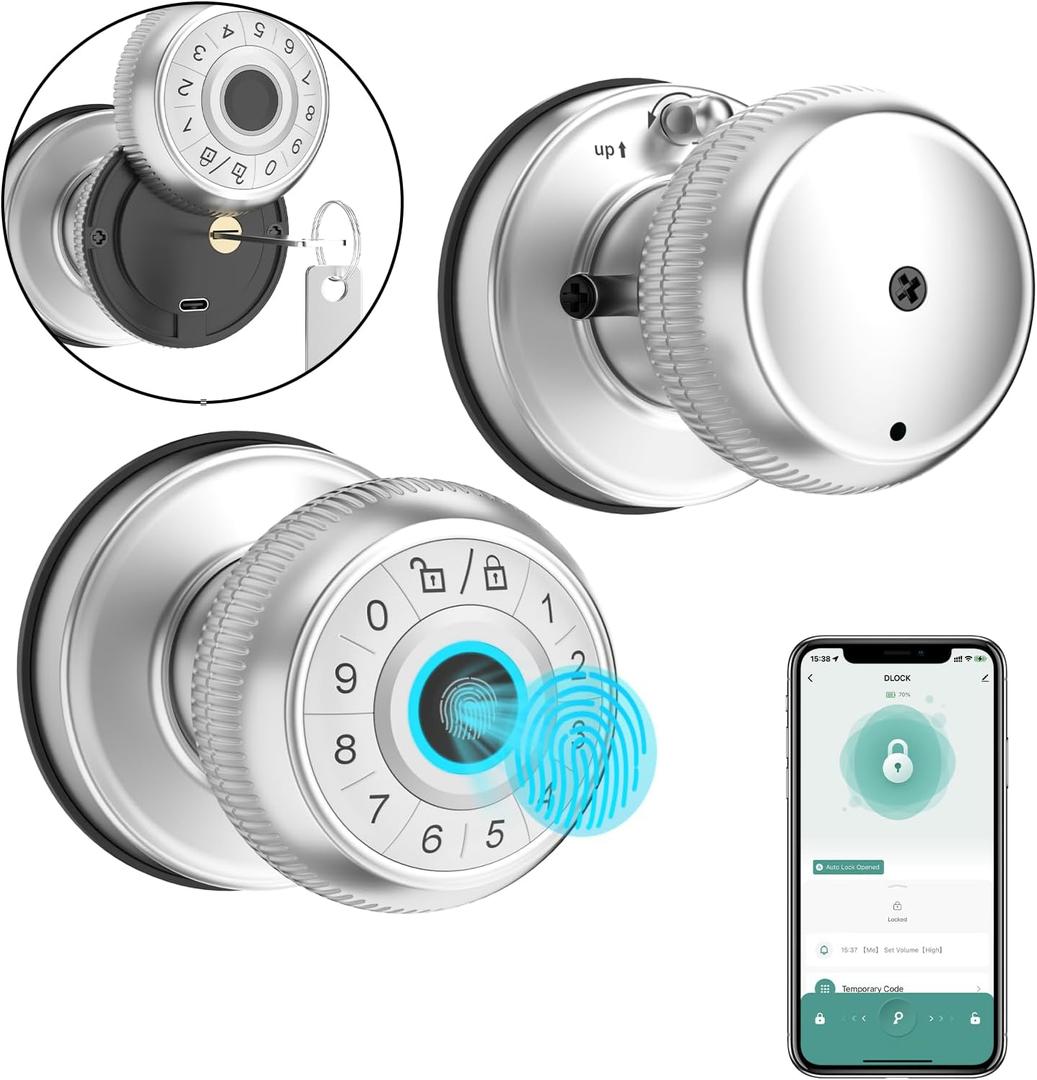 4-in-1 Smart Door Knob, Fingerprint Door Knob with App Control, Smart Fingerprint Door Lock with Keypad, Real Privacy Mode, Auto Lock, Ideal for Home, Bedroom, Garages &Office, Silver, 1 Pack