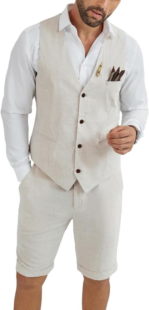 Mens Linen Suit 2 Piece Short Suits for Men Casual Summer Beach Groom Wedding Suit Linen Vest Shorts Set, Beige XL