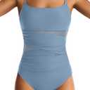 One Piece Swimsuit for Women Tummy Control Mesh Bathing Suits Sexy Push Up Swimsuits Slimming Square Neck Swimwear (Blue, L)