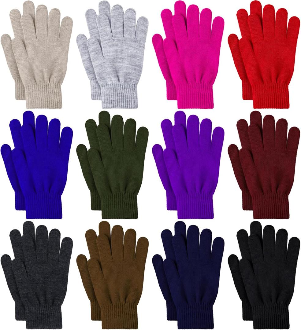 Glooarm 12 Pairs Winter Gloves Knit Warm Adult Stretchy Magic Gloves Bulk for Men Women Teens (Medium, Beige, Gray, Red, Royal Blue, Dark Color a)