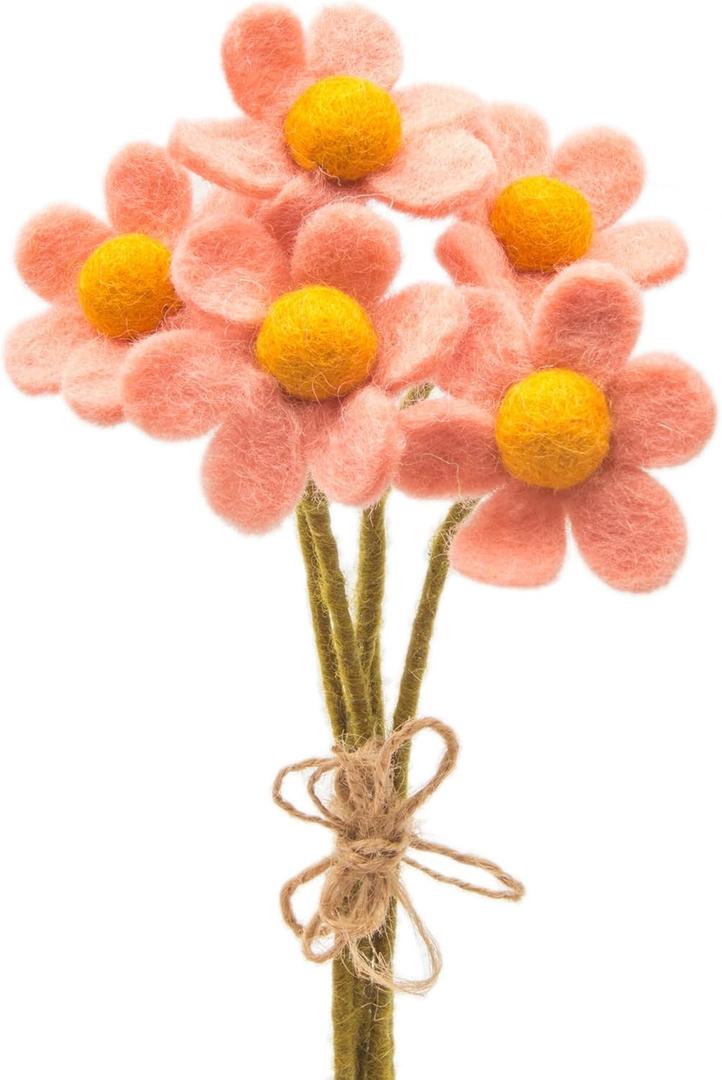 Glaciart One Felt Flowers Artificial Bouquet - 5 pcs | Reusable, Washable and Essential Oil Ready Pastel Artificial Flowers w/Bendable Wire Stem | Great as Gift and Home or Event Decorations (Pale Pink)