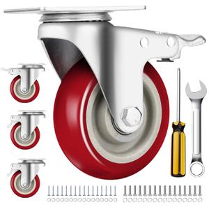Caster Wheels 4 Inch, Heavy Duty Caster Set of 4, Swivel Castor Wheel with Dual Locking Brakes, Silent Polyurethane (PU) Wheels, 360 Rotation, for Furniture and Workbench, Load 2600 Lbs