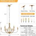 6-Light Modern Chandelier 36.6" Brass Candle Chandeliers Metal Gold Pendant Light Fixture for Dining Room Living Room Kitchen Island Foyer Entryway, E12 Base