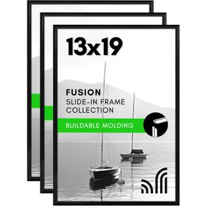 Americanflat 13x19 Picture Frame with Polished Front Cover - Set of 3 - Slide-In Photo Frame with Buildable Molding - Fusion Collection - Picture Frames for Wall Display - Black