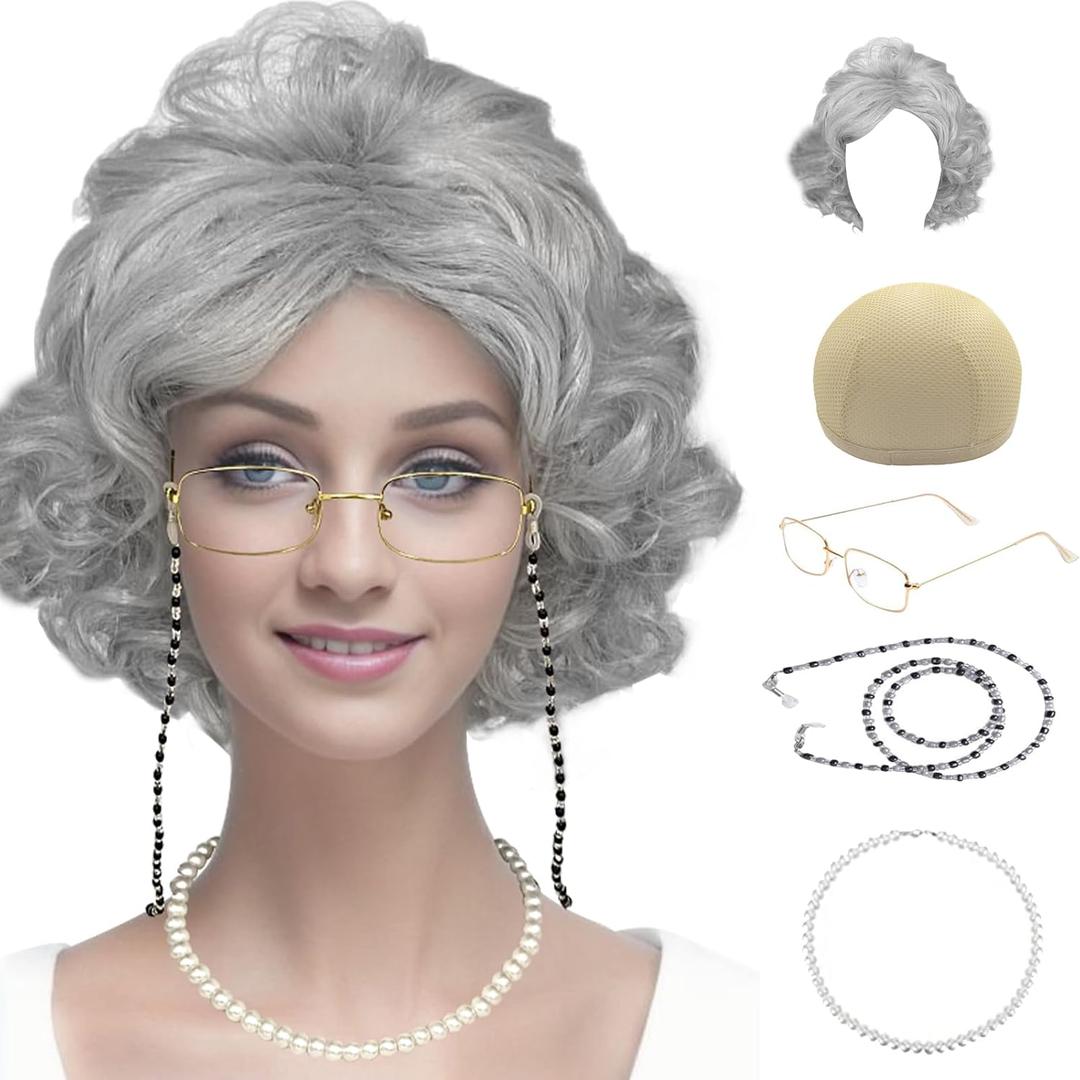 Cupohus Old Lady Costume Set Grandma Wig 100 Days of School Costume Madea Granny Glasses Eyeglass Chains Cords Faux Pearl Bead Necklace Old Lady Cosplay Set 5 Pieces (Light Gray Short Curly)