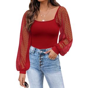 DOROSE Womens Mesh Long Sleeve Shirts Casual Blouses Tops (Large, Red)