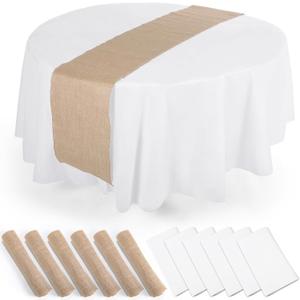 Oudain 12 Pack 12 x 108 Inch Burlap Table Runner 6 Pack 84 Inch Plastic Round Table Cover Rustic Wedding Party Decoration Disposable Plastic Tablecloths for Wedding Graduation Birthday