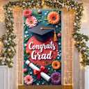 Graduation Door Cover with Hanging Rope 70x35 Inch Pink Floral Durable Fabric Congrats Grad Banner Photo Booth Backdrop for High School College Party Decorations Girls Daughter Women