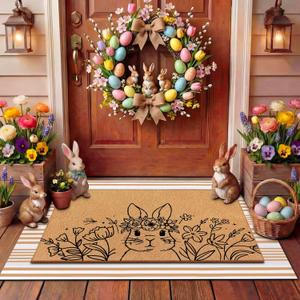 Tinideya 2 Pcs Easter Day Door Mat Welcome Outdoor Non Slip Coir Mats Flower and Bunny Floor Layering Doormats Seasonal for Front Porch Entryway Decor (Easter Bunny) (23.6 x 35.4 Inches, White Brown)