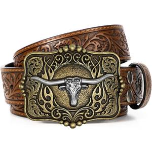 SANSTHS Cowboy Belt Western Belts for Men Women, Western Leather Belt Cowboy Cowgirl Belt Embossed Leather Belt for Jeans (Brown)