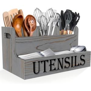 Suli Kitchen Utensils Holder, Wooden Utensil Organizer for Kitchen Countertop, Farmhouse Utensil Storage, Rustic Cooking Utensils ,4 Compartments,- Grey Grain