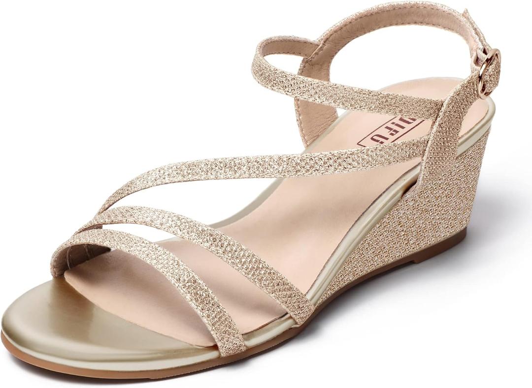 IDIFU Women's Wedge Heel Sandal Dress Low Strappy 2 Inch Open Toe Wedding Bridal Shoes for Woman Ladies Evening Formal (8.5, Gold Glitter)