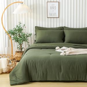 5-Piece Ultra-Soft Twin Bed Sheets and Comforter Set, Lightweight Washed Cozy PolyCotton Quilt for All Season, 1 Comforter Flat Sheet Fitted Sheet 1 Pillow Case 1 Pillowsham(Olive Green,Twin)