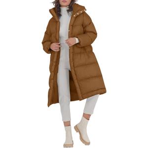 Fazortev Women's Long Puffer Jacket Stand Collar Zip Baggy Down Coats with Side Pockets Outwear (Large, Brown)