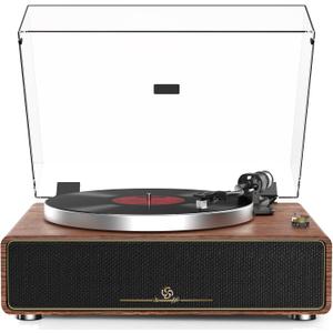 Turntable Record Player with Built-in Speakers, Vinyl Record Player Support Bluetooth Playback Auto Stop 33&45 RPM Speed RCA Line Out AUX in All-in-one Belt-Drive Turntable for Vinyl Records (Brown)