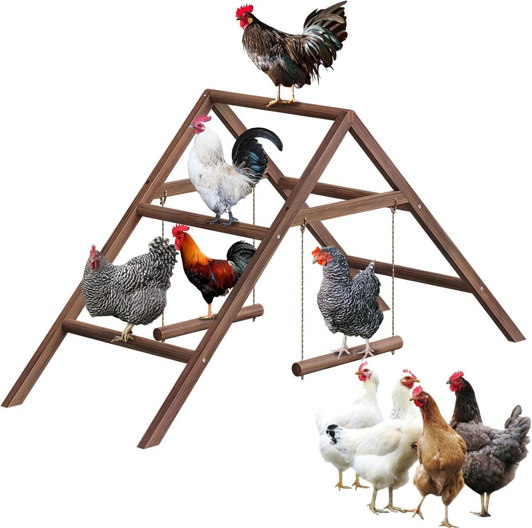 Pine Wood Chicken Perch with 2 Swings & Ladder, Multi-Level Chicken Roosting Bars for Backyard Coop, Roosting Bars for 1012 Chickens, Easy to Assemble & Clean