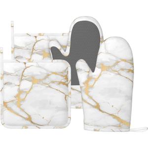 Oven Mitts and Pot Holders Marble White Gold Silicone Kitchen Accessories Set of 4 Heat Resistant Long Gloves Potholder Non-Slip Grip for Chef Cooking,Baking,Grilling,BBQ, 
11"L x 7.2"W