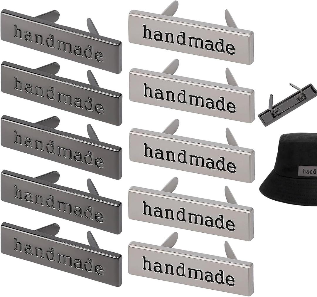 JANKOW 10 Pcs Handmade Metal Labels Rectangle Alloy Tags, Handmade Metal Labels, for Handmade Items, with Shim Rectangle Alloy Tags, for DIY Gift Purses Bags Shoe Shat Accessories (Silver, Black)