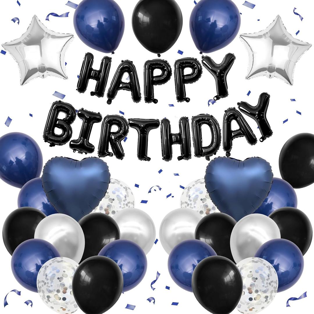Navy Blue and Black Birthday Decorations for Men, Blue Black White Balloons Happy Birthdays Balloon Banner Silver Confetti Balloons for Men Boy Girls Women Adults Birthday Party Decorations