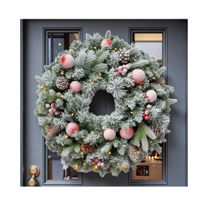 24 Inch Snow Flocked Pre-Lit Christmas Wreath Spruce, 50 LED Warm White & Multi-Color Lights with Timer, Battery Operated, Holiday Decoration for Front Door, Outdoor