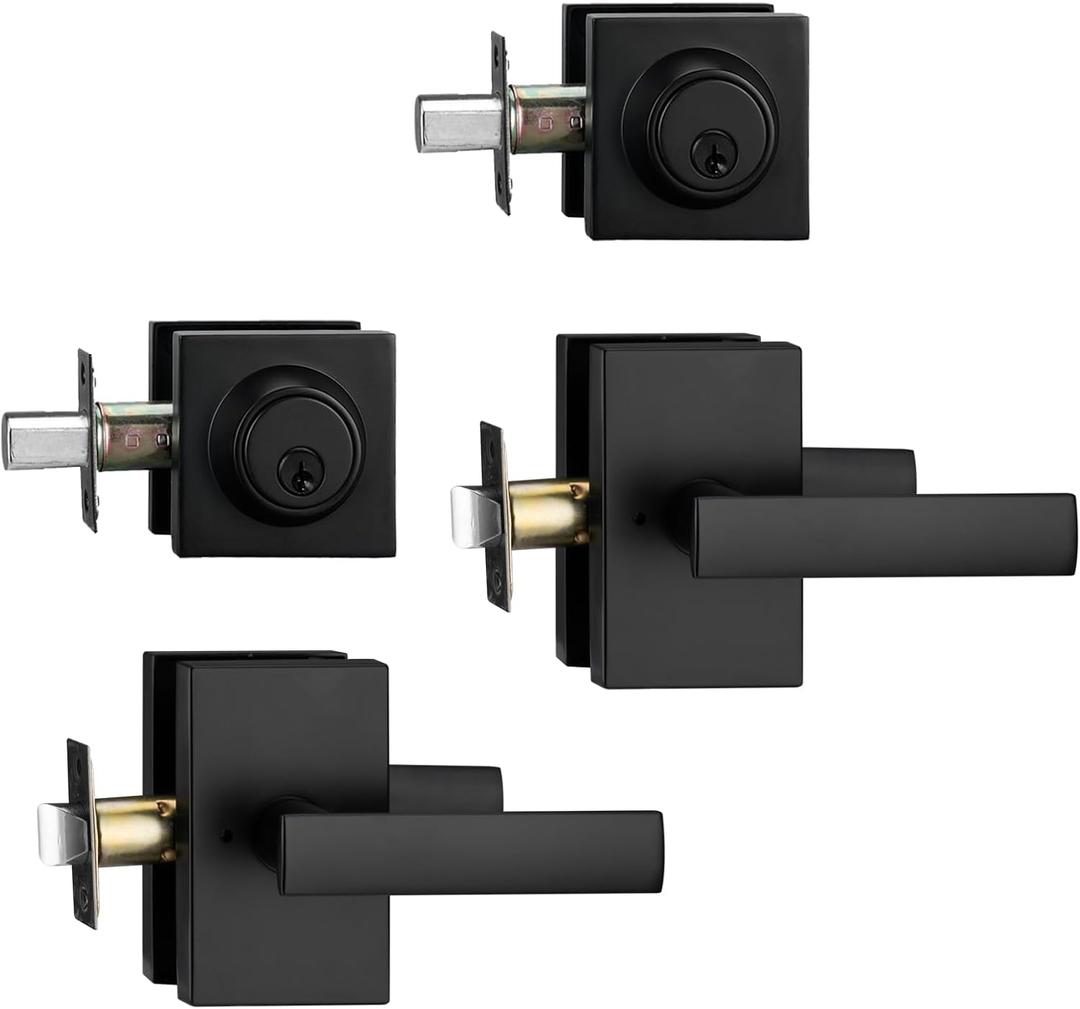 2 Pack Matt Black Exterior Door Lock Setl, Front Door Handle with Deadbolt Lock, Heavy Duty Entry Door Handlset