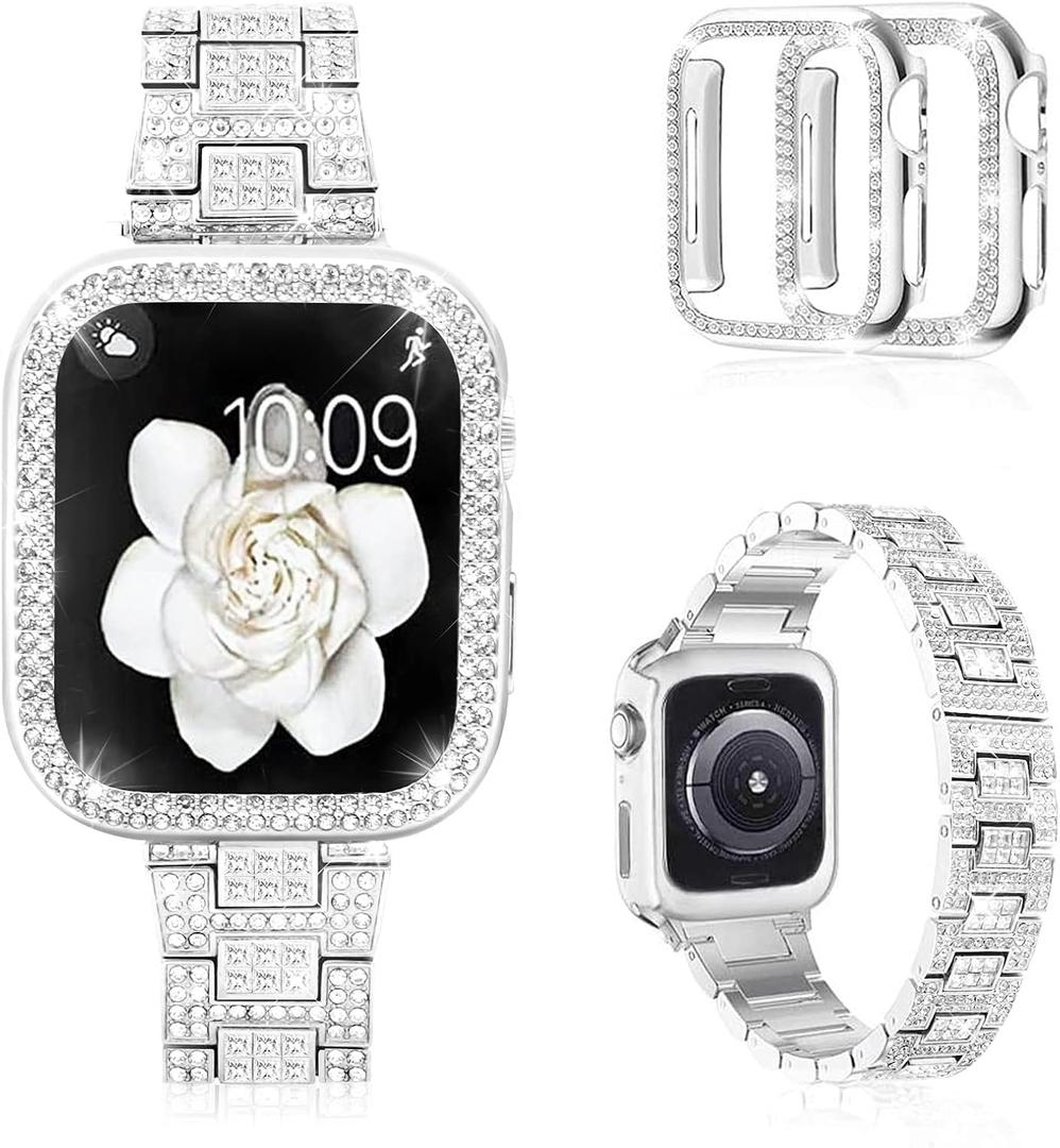 Mosonio Compatible with Apple Watch Band 42mm (Series 11/10) with 2 Pack Case Women, Jewelry Replacement Metal Bands Strap with Bling PC Protective Case for iWatch Ultra SE Series 11/10/9/8/7/6/5/4/3/2/1 (Sizes Vary By Mode) (AA-silver)