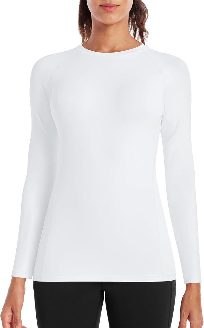 Runhit Women's Long Sleeve Compression Shirt Workout Tops Athletic Base Layer Gym Yoga Running Sports Gear Quick Dry UPF 50+ (White, L)