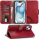 Arae Compatible with iPhone 15 Case with Card Holder and Wrist Strap Wallet Flip Cover for iPhone 15 6.1 inch, Red