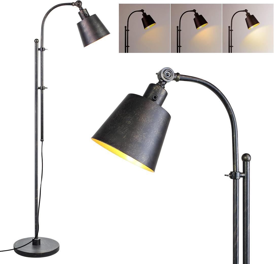 Floor Lamp, Industrial Floor Lamps for Living Rooms & Bedrooms - Rustic Farmhouse Reading Lamp Standing, Adjustable Metal Heads Indoor Task Lighting for Living Room Office Home Dcor (Rustic Black)