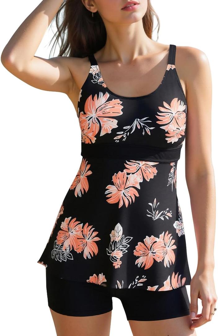 Century Star Womens Athletic 2025 Swimsuits for Women Two Piece Tankini with High Waisted Boyshorts Floral Bathing Suits (10-12, A3 Pink Flower)