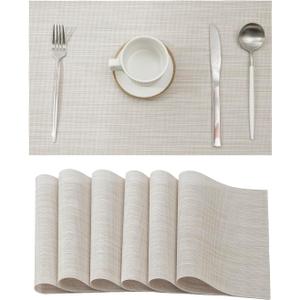 Leetaltree Beige White Placemats Set of 6 - Heat Resistant Non-Slip Place mats for Dining Table, Washable Durable PVC Vinyl Woven Table MatsBeige White, 6