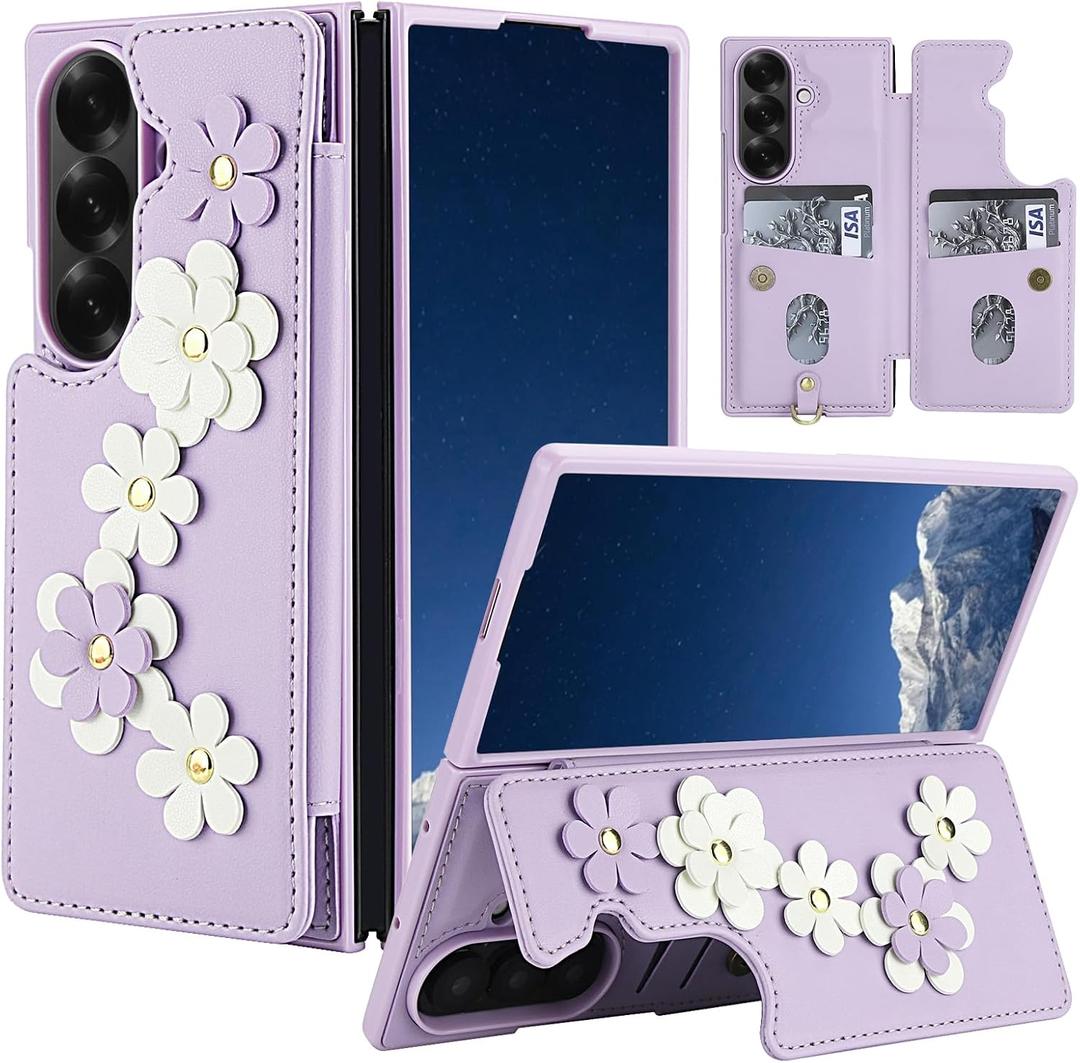 Wallet Case Compatible with Samsung Galaxy Z Fold7, Magnetic Snap Flip Leather Cover with Flower Design Credit Card Holder Stand WristbandZ Fold 7 2025 Protective Phone Case for Women