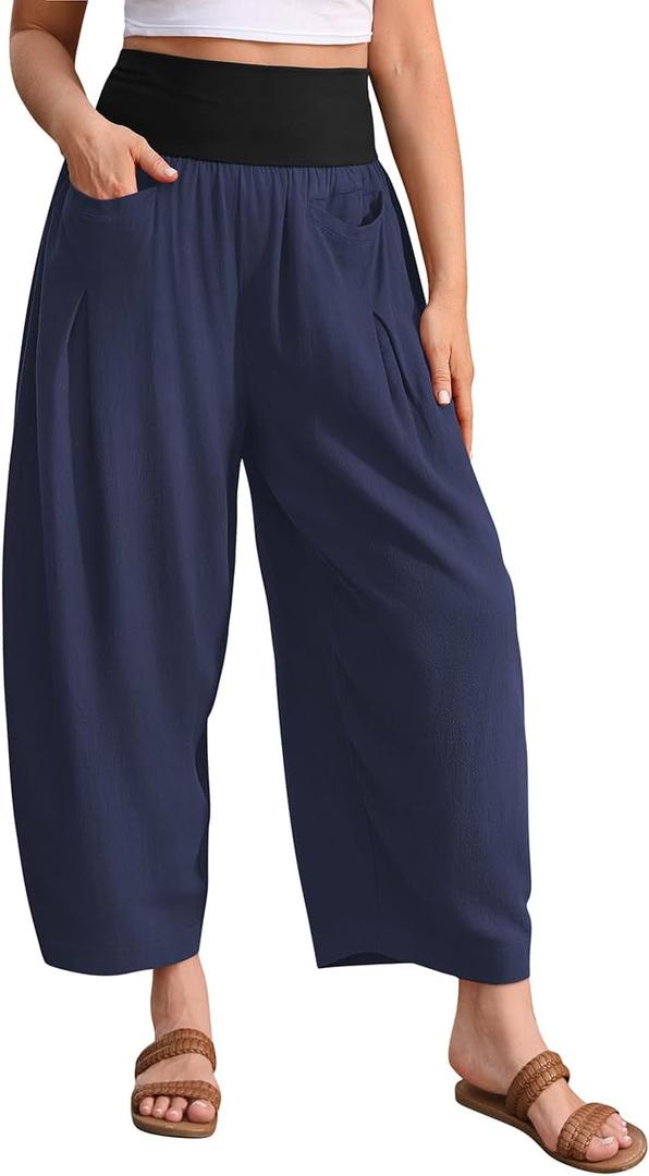 TARSE Womens Linen Harem Pants Loose Fit Boho Casual Trousers Wide Leg Lounge Pants with Pockets (Blue, M)