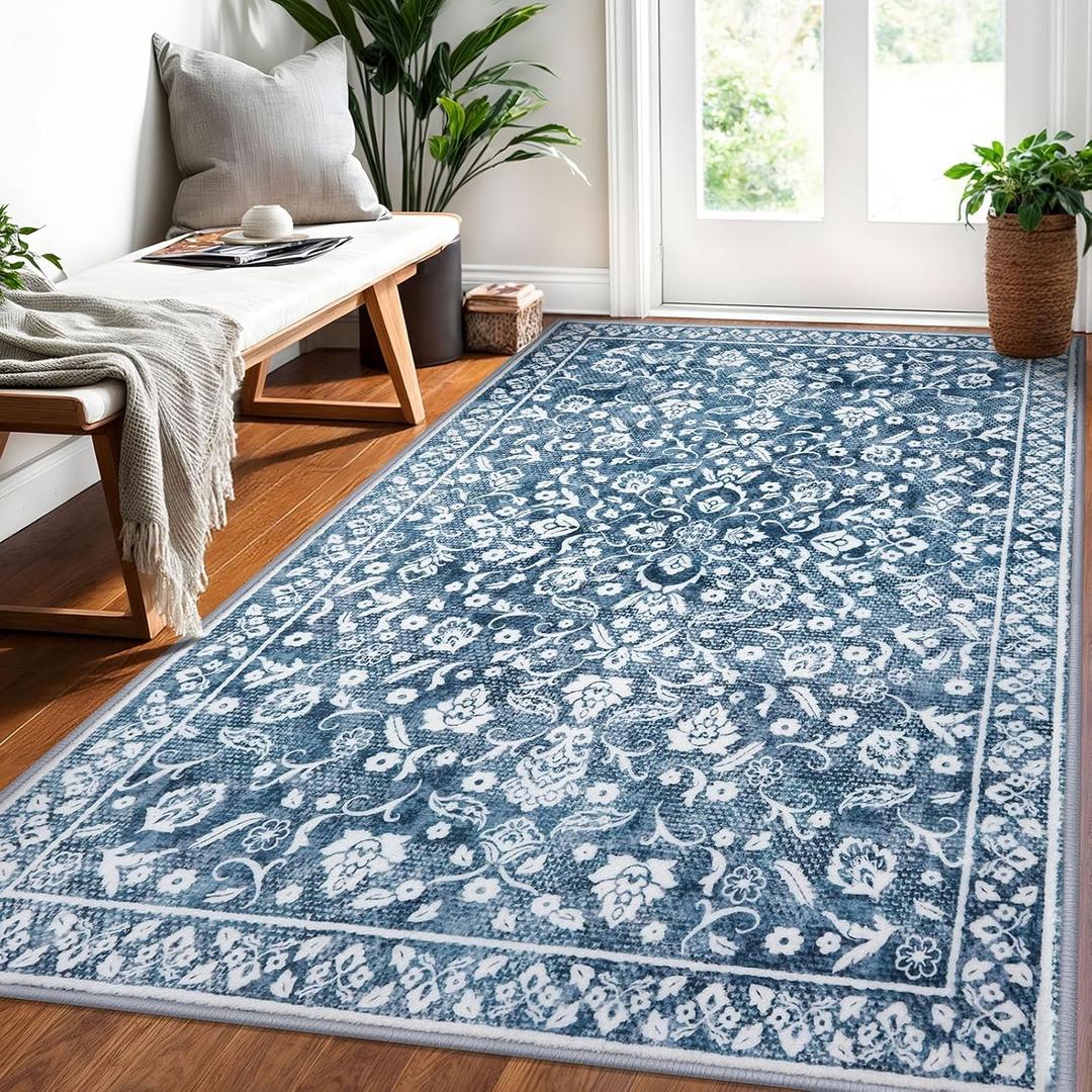 Vintage 4x6 Area Rug, Blue and White Entryway Rug Non-Slip, Washable Living Room Rug Thin Printed Faux Wool Floor Super Soft Carpet Throw Rugs for Bedroom Dining Room Indoor Office