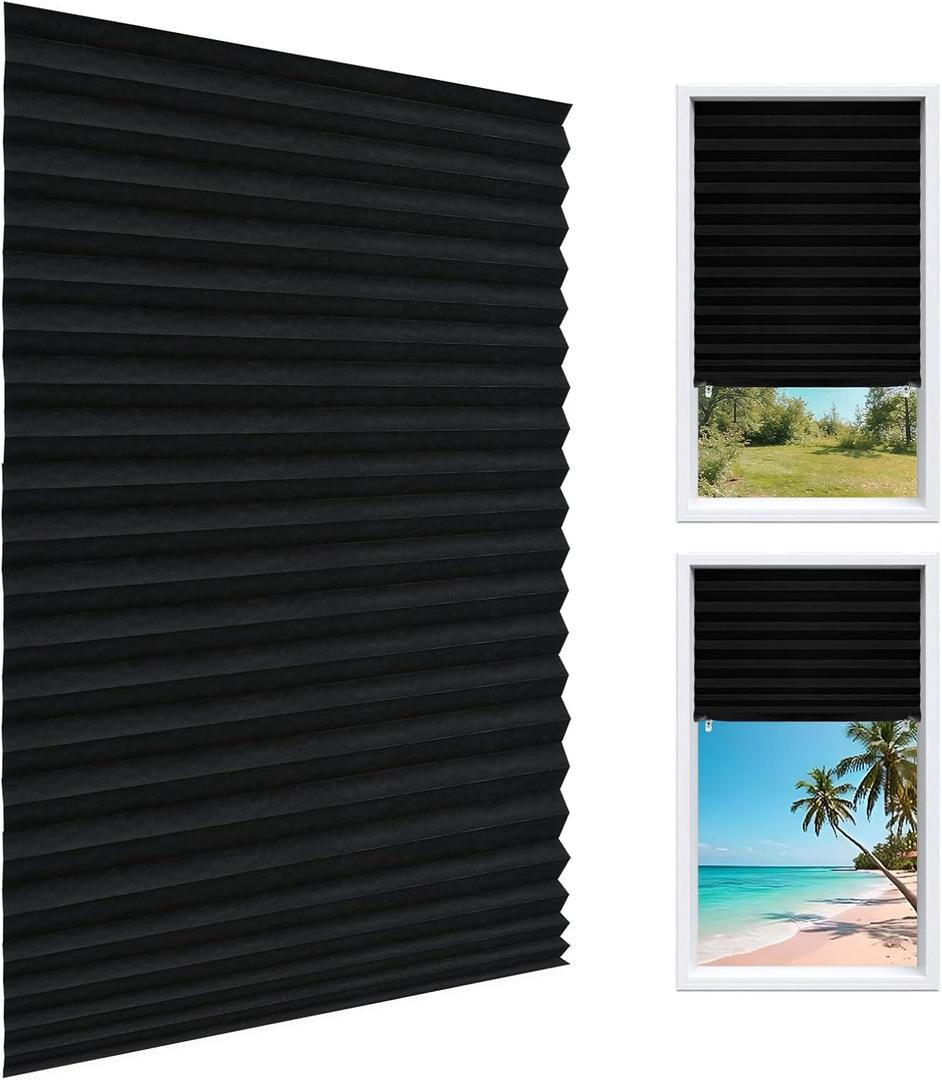 Pleated Blinds Adhesive No Drill Adjustable Height with Clips Cordless Full Blackout Window Shades for Bedroom Windows Renters Temporary Use Curtain Adhesive Type_Rectangular_35"W x 59"H_8Pcs