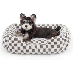 JOEJOY Dog Beds for Small Dogs -Cute Cat Beds for Indoor Cats Calming Pet Beds, Rectangle Orthopedic Cuddle Puppy Bed with Jacquard Shaggy Plush & Anti Slip Bottom, 20x19x6inches, Coffee (Coffee)