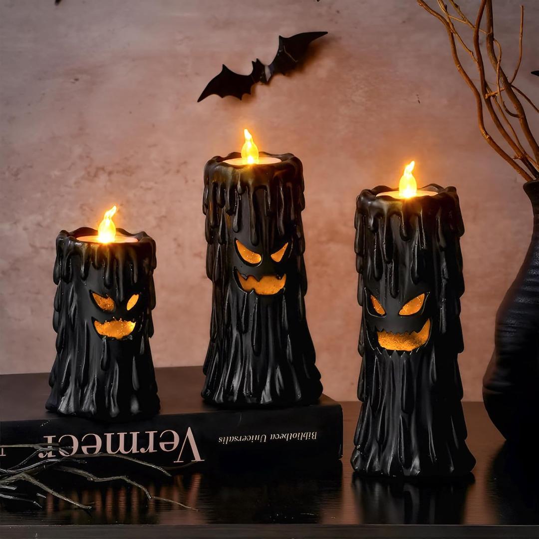 Halloween Ghost Decor: Black Scary Ghost Face Candle Holder Halloween Table Decor with LED Lights, Spooky Decorations Indoor for Desk Office Mantel Home Fireplace Shelf Farmhouse Party Gifts Kids
