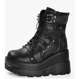 Platform Goth Ankle Boots for Womem Black Holographic Combat Chunky Heel Boots with Side Zip Lace Up Wedge Booties sz 40