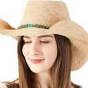 Raffia Straw Cowboy Hat,Women's Crocheted Summer Straw Hats, Classic Beach Sun Hats