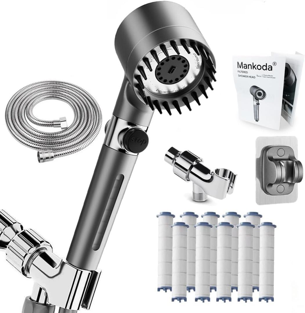 Filtered Shower Head with Handheld & High Pressure - Ion Drops Shower Head with 75" Stainless Hose for Hard Water | 3 Spray Modes Shower with 10 Replaceable Filters