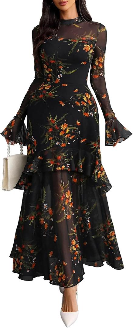 GothDark Womens Floral Maxi Dress Sheer Mesh Bell Sleeve Tiered Ruffle Gothic Romantic Casual Long Dresses (Black, M)