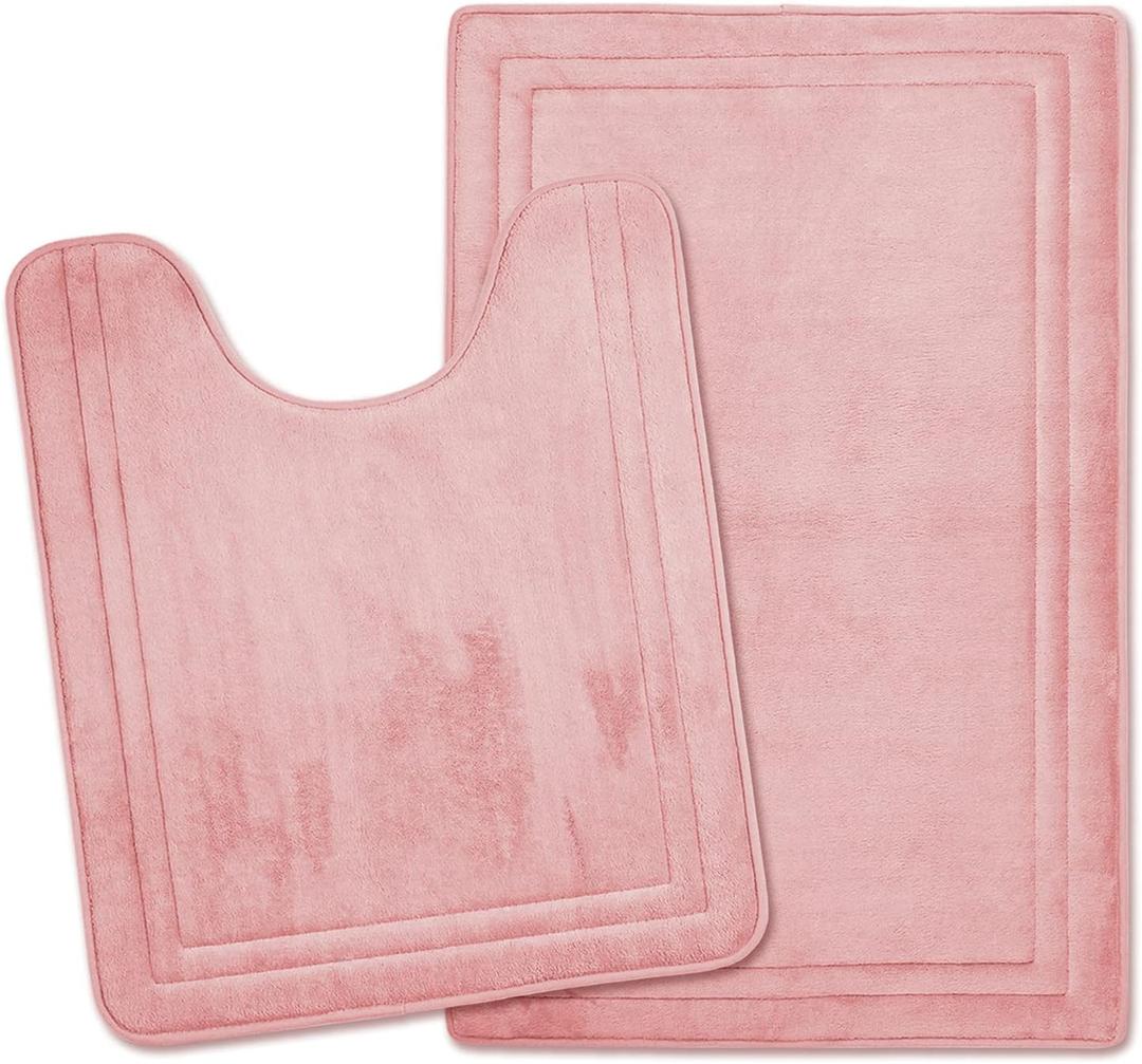 Pink Bathroom Rug Set of 2 Memory Foam Bath Mat and U-Shaped Contour Toilet Rug Non Slip Washable Floor Mats Soft Absorbent Plush Microfiber Shower Tub Bathrug Blush,32"x20"+24"x20"