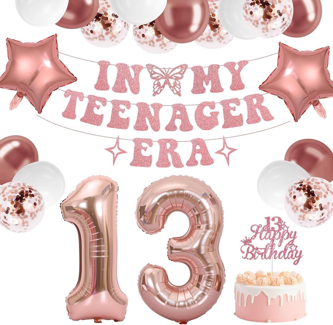 13th Birthday Decorations for Girls,Rose GoldIN MY TEENAGER ERABanner, Happy 13 Cake Topper, Rose Gold Number Balloons,12 inch Latex Balloons,13th Birthday Party Supplies