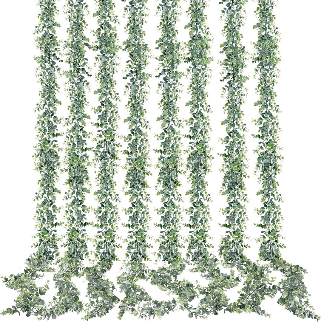 Sggvecsy Artificial Eucalyptus Garland 8 Pack Fake Eucalyptus Greenery Garland Faux Hanging Plants Artificial Vines, 5.6 Feet/Strand for Wedding Backdrop Arch Wall Table Party Outdoor Festival Decor