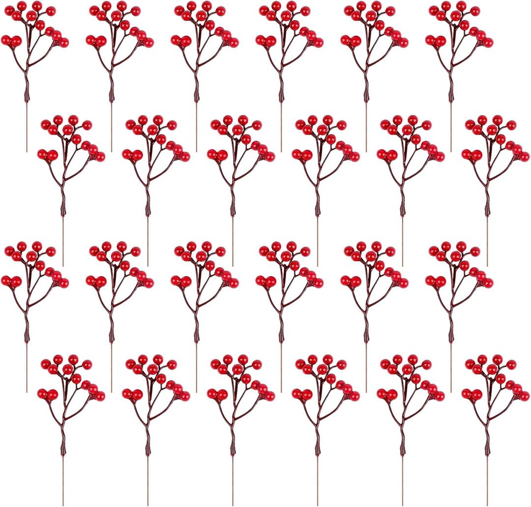 Fangoo 24 Pack 7 Inch Artificial Red Berry Stems for Christmas Tree Holly Berries Picks Berry Branches Xmas Decoration Wreath Crafts Wedding Gift Holiday Season Winter Decor Xmas Ornaments