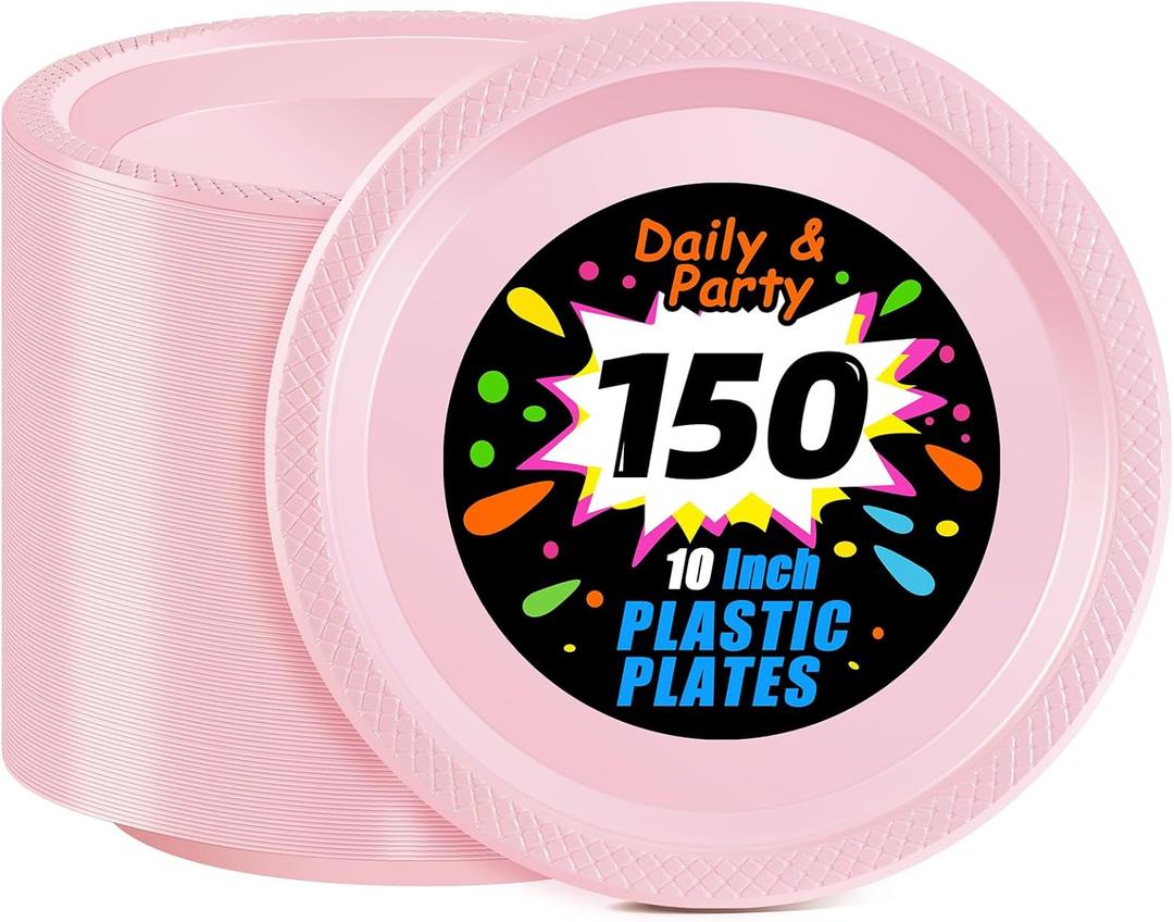 WELLIFE Pink Plastic Plates 10 Inch -150 Count for Party, Disposable Plastic Party Plates for Valentine's Day Easter Mother's Day Baby Shower Dinner Dessert Cake Light Pink