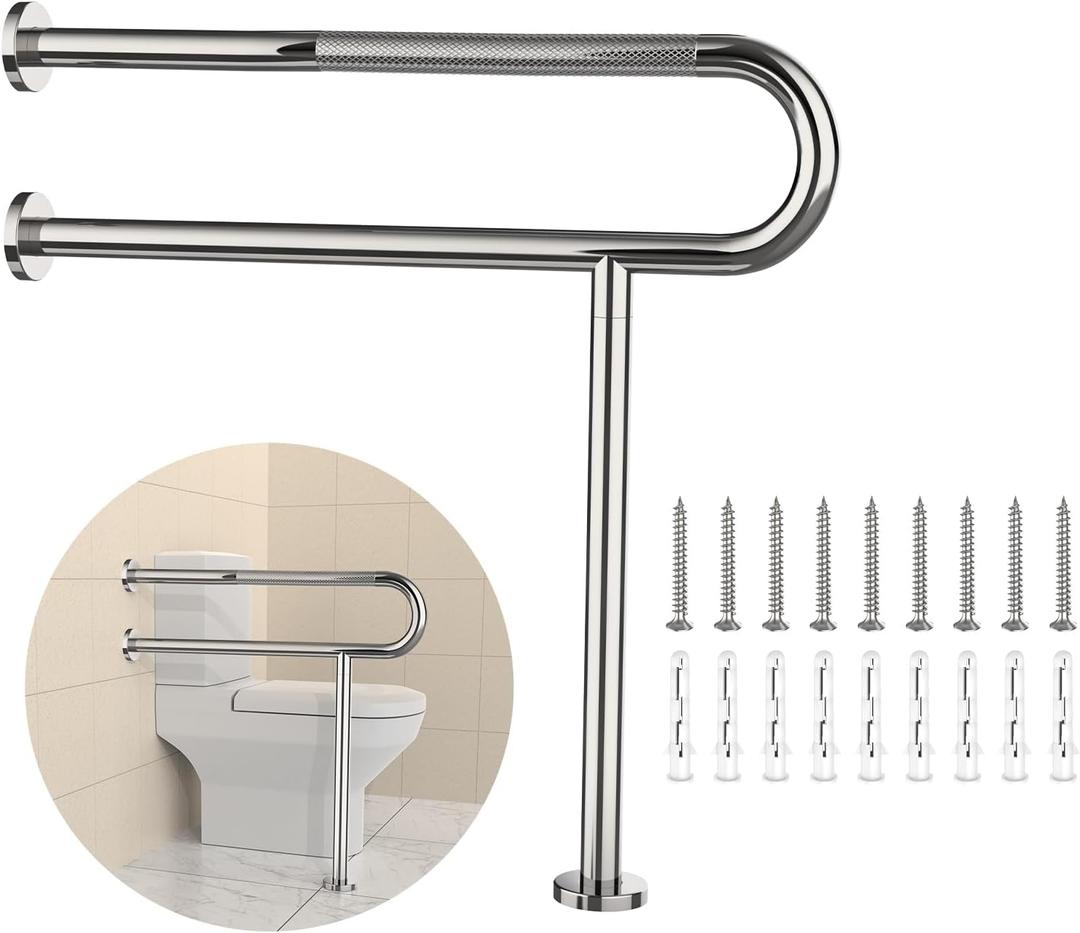 Toilet Grab Bar 31.3 Inch with Leg, YuanDe Chrome Anti-Slip Toilet Handrail, Wall & Floor Mounted Stainless Steel Grab Bar, Knurled Handicap Support Rail for Elderly, Disabled, Pregnant Toilet Grab Bar 31.3 Inch with Leg, YuanDe Chrome Anti-Slip Toilet Handrail, Wall & Floor Mounted Stainless Steel Grab Bar, Knurled Handicap Support Rail for Elderly, Disabled, Pregnant