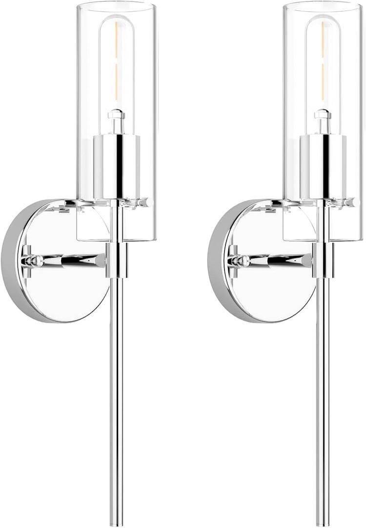 Wall Sconce Set of 2 Chrome Wall Light, Farmhouse Vanity Light Fixture Modern Indoor Wall Light with Clear Glass Shade for Bathroom Bedroom Living Room Hallway Vanity
