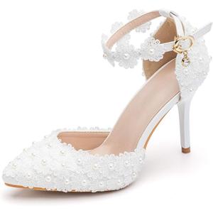 Dress First Women's High Heel Pumps Closed Toe Sandals with Floral Lace Pearls Strap Stiletto Bridal Wedding Party Shoes,3.74" (9, White)